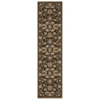 Acacia ACA01 Brown/Tan vintage-inspired area rug with rich brown and tan colors, classic pattern detail, wool nylon blend, and fringe.