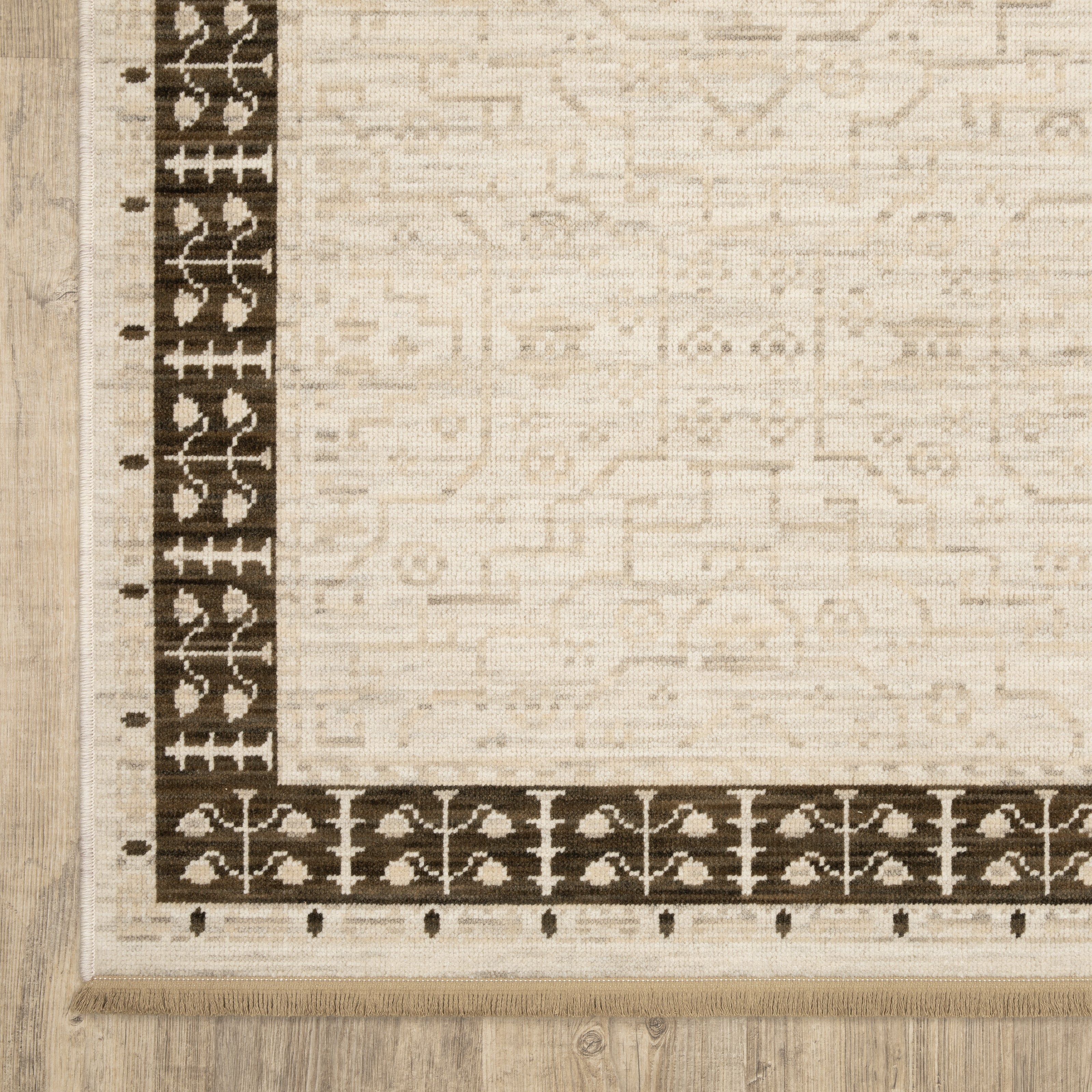 Acacia ACA02 Beige/Brown neutral traditional area rug with layered beige and brown tones, muted accent colors, and cotton fringe.