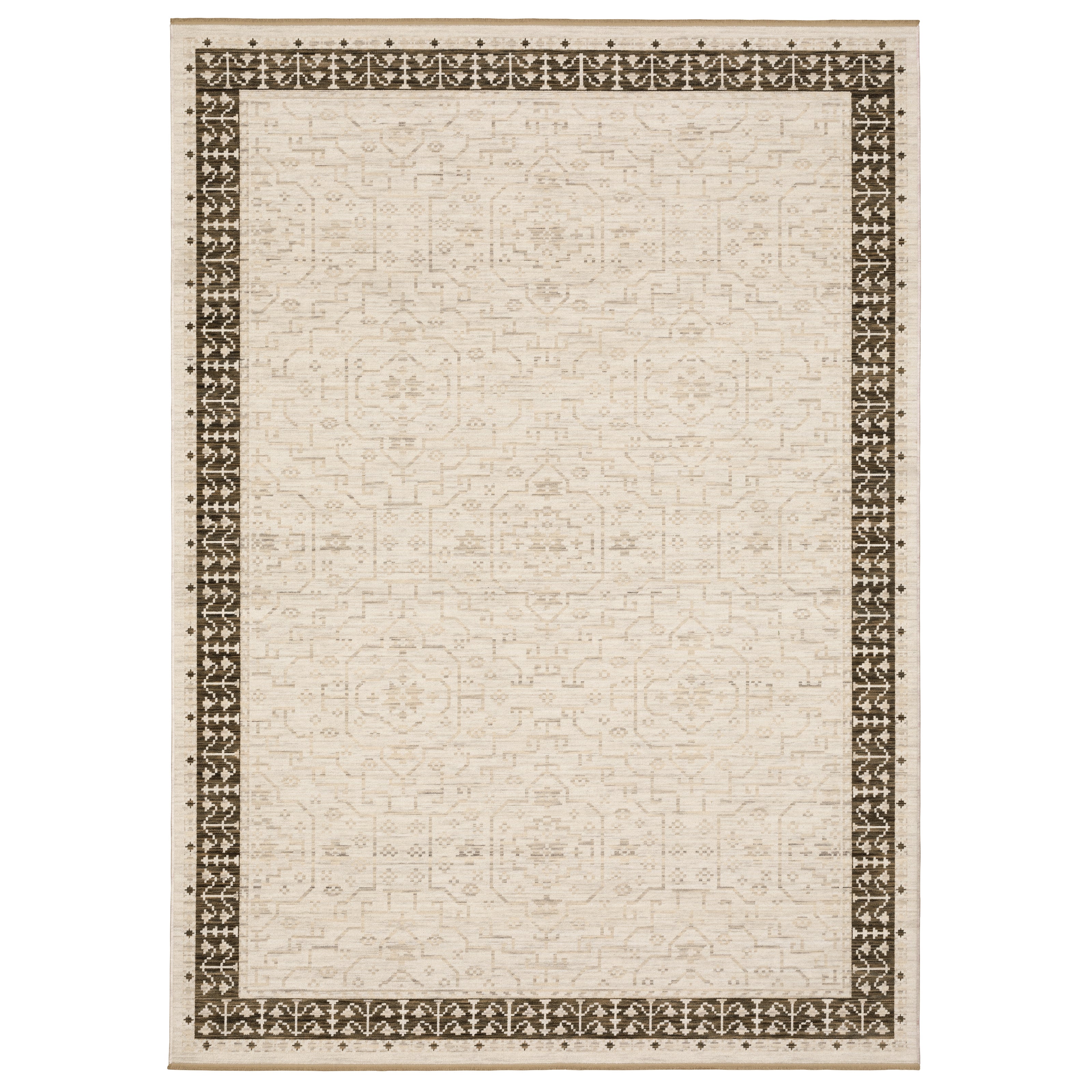 Acacia ACA02 Beige/Brown neutral traditional area rug with layered beige and brown tones, muted accent colors, and cotton fringe.