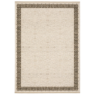 Acacia ACA02 Beige/Brown neutral traditional area rug with layered beige and brown tones, muted accent colors, and cotton fringe.
