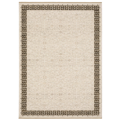 Acacia ACA02 Beige/Brown neutral traditional area rug with layered beige and brown tones, muted accent colors, and cotton fringe.