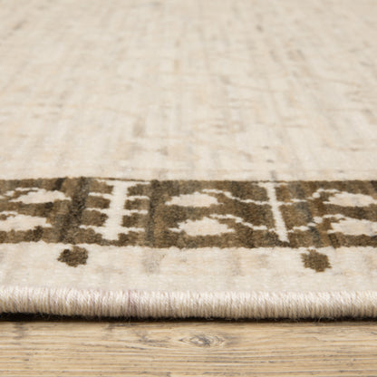 Acacia ACA02 Beige/Brown neutral traditional area rug with layered beige and brown tones, muted accent colors, and cotton fringe.