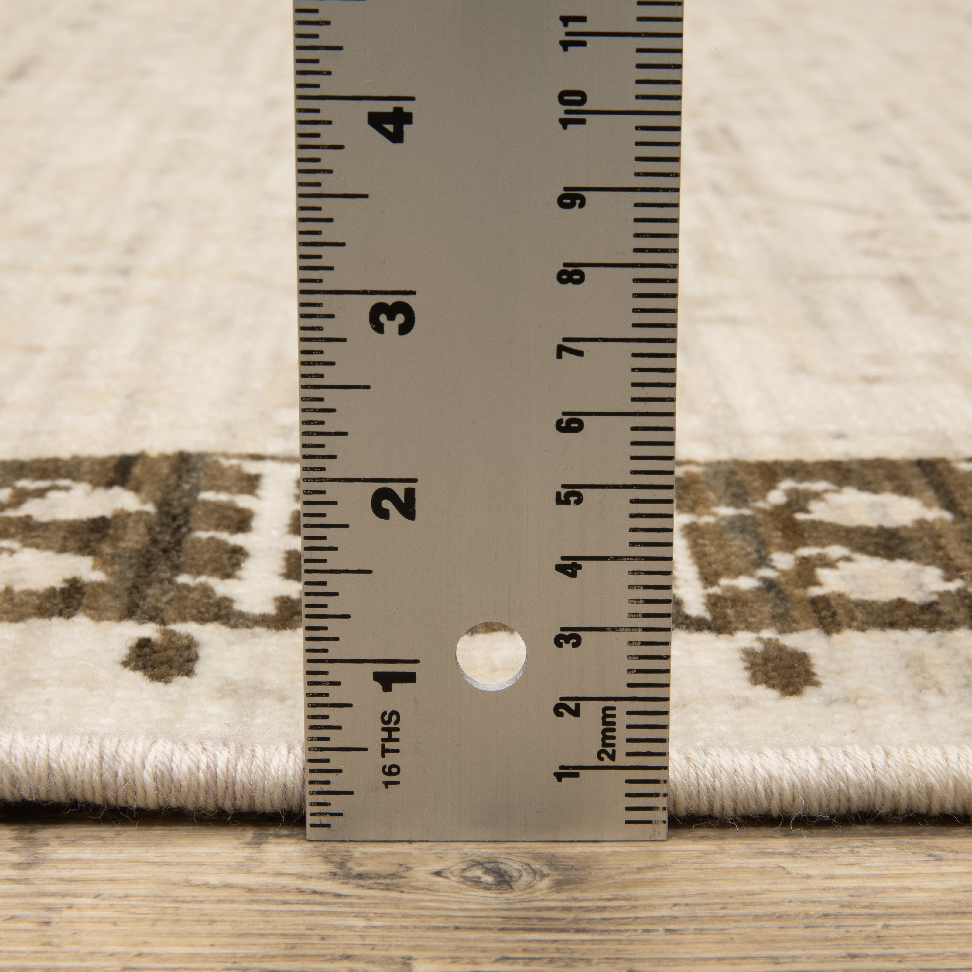 Acacia ACA02 Beige/Brown neutral traditional area rug with layered beige and brown tones, muted accent colors, and cotton fringe.