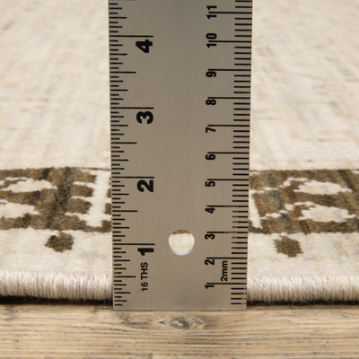 Acacia ACA02 Beige/Brown neutral traditional area rug with layered beige and brown tones, muted accent colors, and cotton fringe.