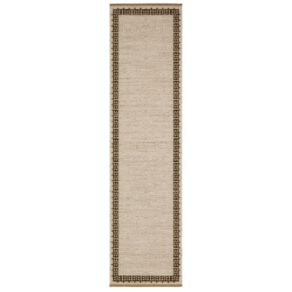 Acacia ACA02 Beige/Brown neutral traditional area rug with layered beige and brown tones, muted accent colors, and cotton fringe.