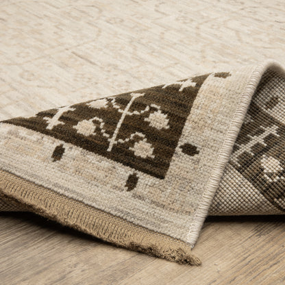 Acacia ACA02 Beige/Brown neutral traditional area rug with layered beige and brown tones, muted accent colors, and cotton fringe.