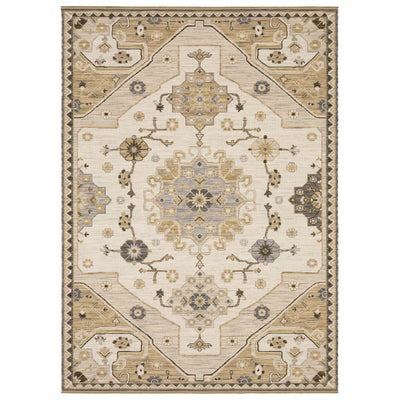 Acacia ACA03 Tan/Grey traditional area rug with earthy tan, grey, brown, gold, blue, clay, and green tones and cotton fringe.