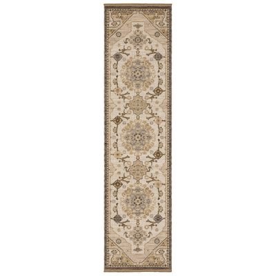 Acacia ACA03 Tan/Grey traditional area rug with earthy tan, grey, brown, gold, blue, clay, and green tones and cotton fringe.