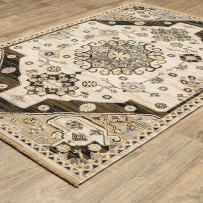Acacia ACA04 Brown/Grey wool nylon area rug with classic pattern, saturated brown and grey tones, multicolor accents, and cotton fringe.