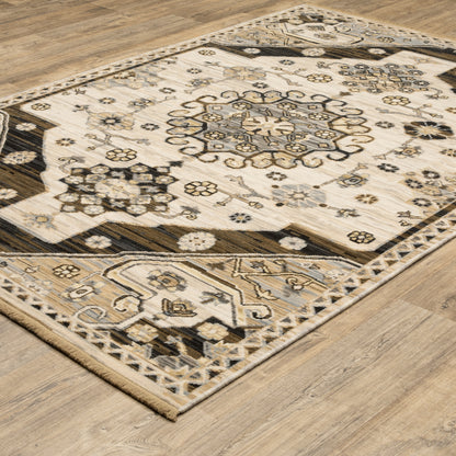 Acacia ACA04 Brown/Grey wool nylon area rug with classic pattern, saturated brown and grey tones, multicolor accents, and cotton fringe.