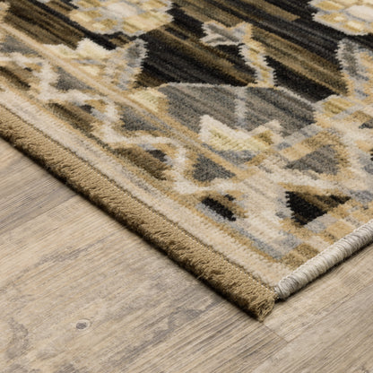 Acacia ACA04 Brown/Grey wool nylon area rug with classic pattern, saturated brown and grey tones, multicolor accents, and cotton fringe.