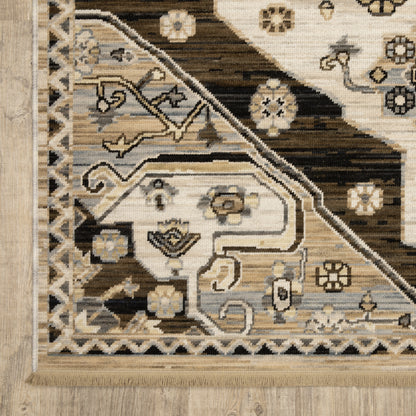 Acacia ACA04 Brown/Grey wool nylon area rug with classic pattern, saturated brown and grey tones, multicolor accents, and cotton fringe.