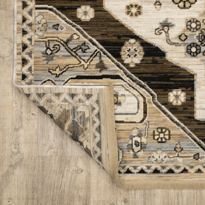 Acacia ACA04 Brown/Grey wool nylon area rug with classic pattern, saturated brown and grey tones, multicolor accents, and cotton fringe.