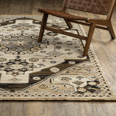Acacia ACA04 Brown/Grey wool nylon area rug with classic pattern, saturated brown and grey tones, multicolor accents, and cotton fringe.