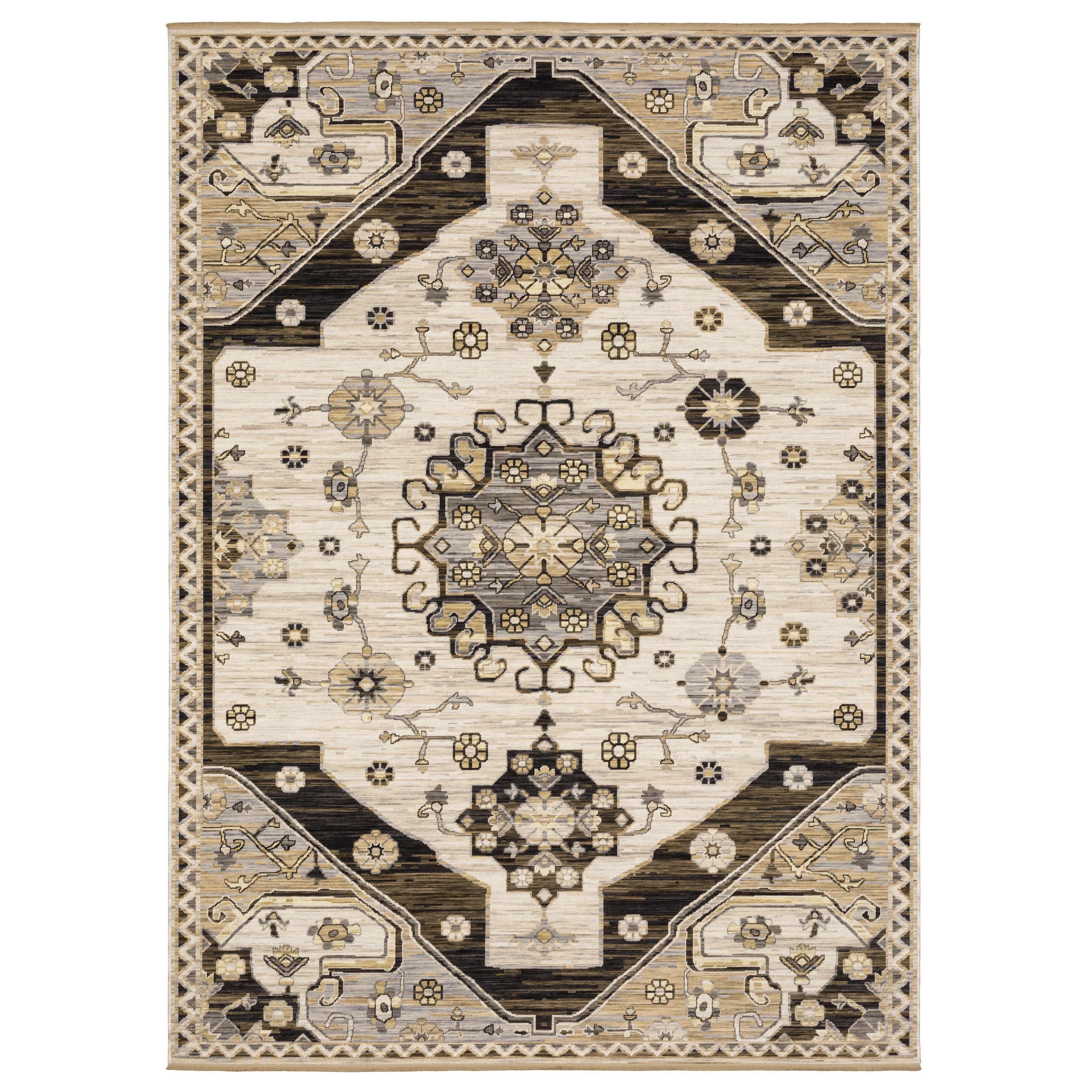 Acacia ACA04 Brown/Grey wool nylon area rug with classic pattern, saturated brown and grey tones, multicolor accents, and cotton fringe.