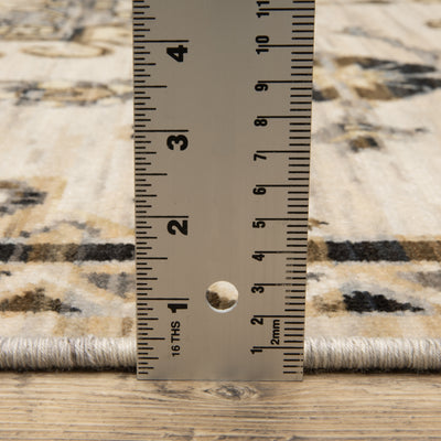 Acacia ACA04 Brown/Grey wool nylon area rug with classic pattern, saturated brown and grey tones, multicolor accents, and cotton fringe.