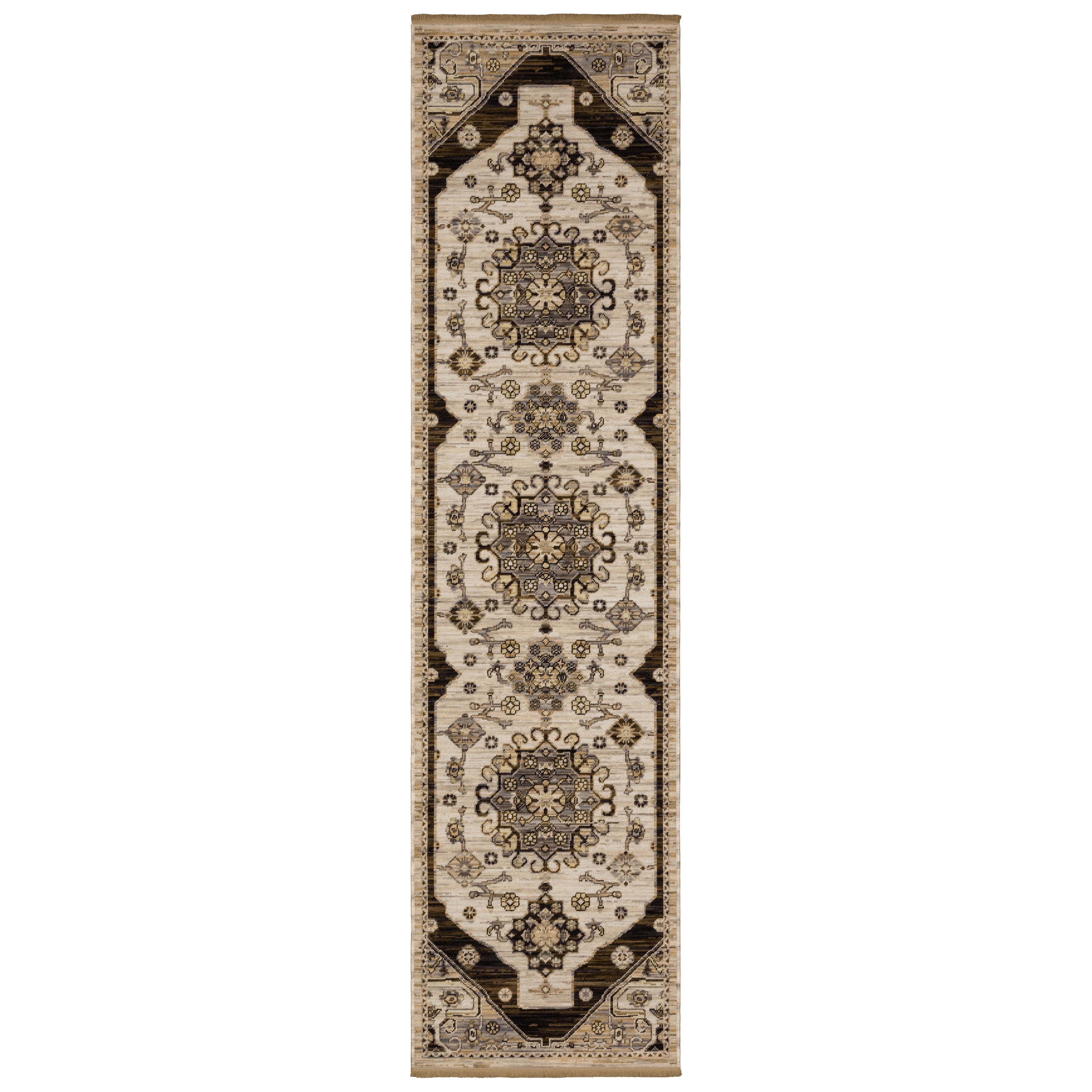 Acacia ACA04 Brown/Grey wool nylon area rug with classic pattern, saturated brown and grey tones, multicolor accents, and cotton fringe.
