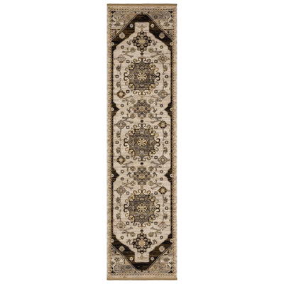 Acacia ACA04 Brown/Grey wool nylon area rug with classic pattern, saturated brown and grey tones, multicolor accents, and cotton fringe.