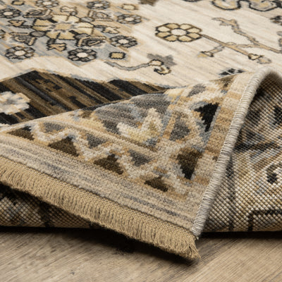 Acacia ACA04 Brown/Grey wool nylon area rug with classic pattern, saturated brown and grey tones, multicolor accents, and cotton fringe.