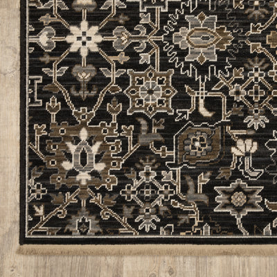 Acacia ACA05 Charcoal/Tan traditional area rug with deep charcoal, warm tan, multicolor accents, Axminster woven detail, and fringe.