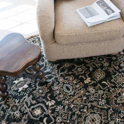 Acacia ACA05 Charcoal/Tan traditional area rug with deep charcoal, warm tan, multicolor accents, Axminster woven detail, and fringe.