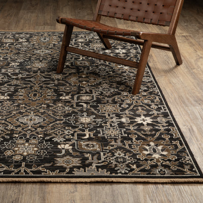 Acacia ACA05 Charcoal/Tan traditional area rug with deep charcoal, warm tan, multicolor accents, Axminster woven detail, and fringe.