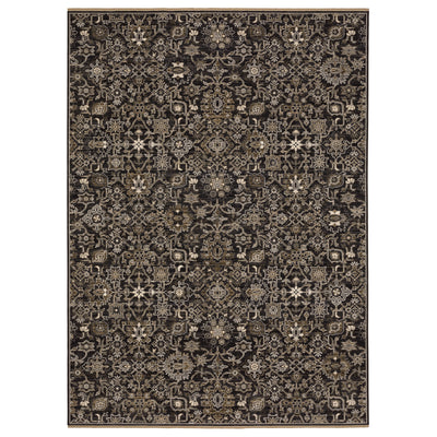 Acacia ACA05 Charcoal/Tan traditional area rug with deep charcoal, warm tan, multicolor accents, Axminster woven detail, and fringe.