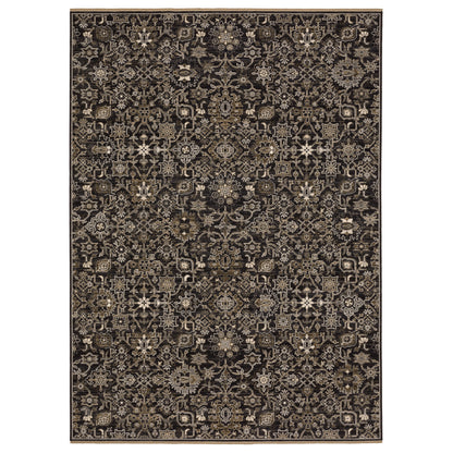 Acacia ACA05 Charcoal/Tan traditional area rug with deep charcoal, warm tan, multicolor accents, Axminster woven detail, and fringe.