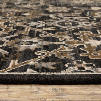 Acacia ACA05 Charcoal/Tan traditional area rug with deep charcoal, warm tan, multicolor accents, Axminster woven detail, and fringe.