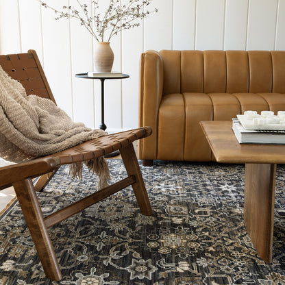 Acacia ACA05 Charcoal/Tan traditional area rug with deep charcoal, warm tan, multicolor accents, Axminster woven detail, and fringe.