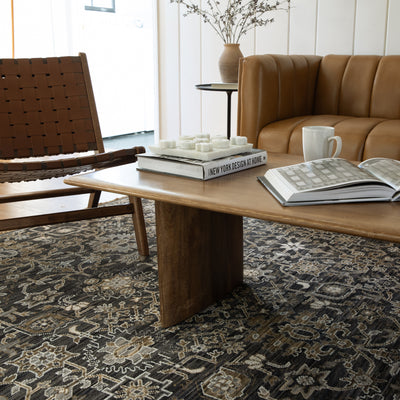 Acacia ACA05 Charcoal/Tan traditional area rug with deep charcoal, warm tan, multicolor accents, Axminster woven detail, and fringe.