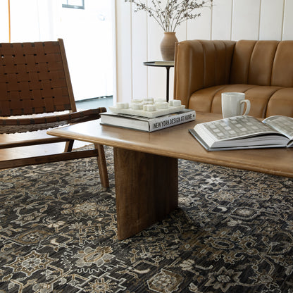 Acacia ACA05 Charcoal/Tan traditional area rug with deep charcoal, warm tan, multicolor accents, Axminster woven detail, and fringe.