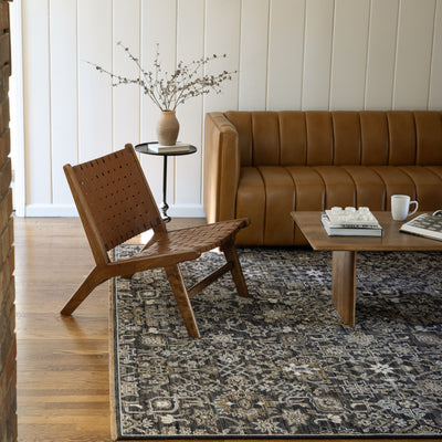 Acacia ACA05 Charcoal/Tan traditional area rug with deep charcoal, warm tan, multicolor accents, Axminster woven detail, and fringe.