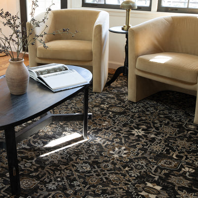 Acacia ACA05 Charcoal/Tan traditional area rug with deep charcoal, warm tan, multicolor accents, Axminster woven detail, and fringe.