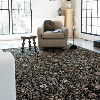 Acacia ACA05 Charcoal/Tan traditional area rug with deep charcoal, warm tan, multicolor accents, Axminster woven detail, and fringe.