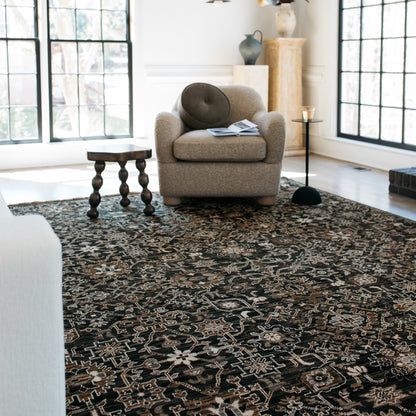 Acacia ACA05 Charcoal/Tan traditional area rug with deep charcoal, warm tan, multicolor accents, Axminster woven detail, and fringe.