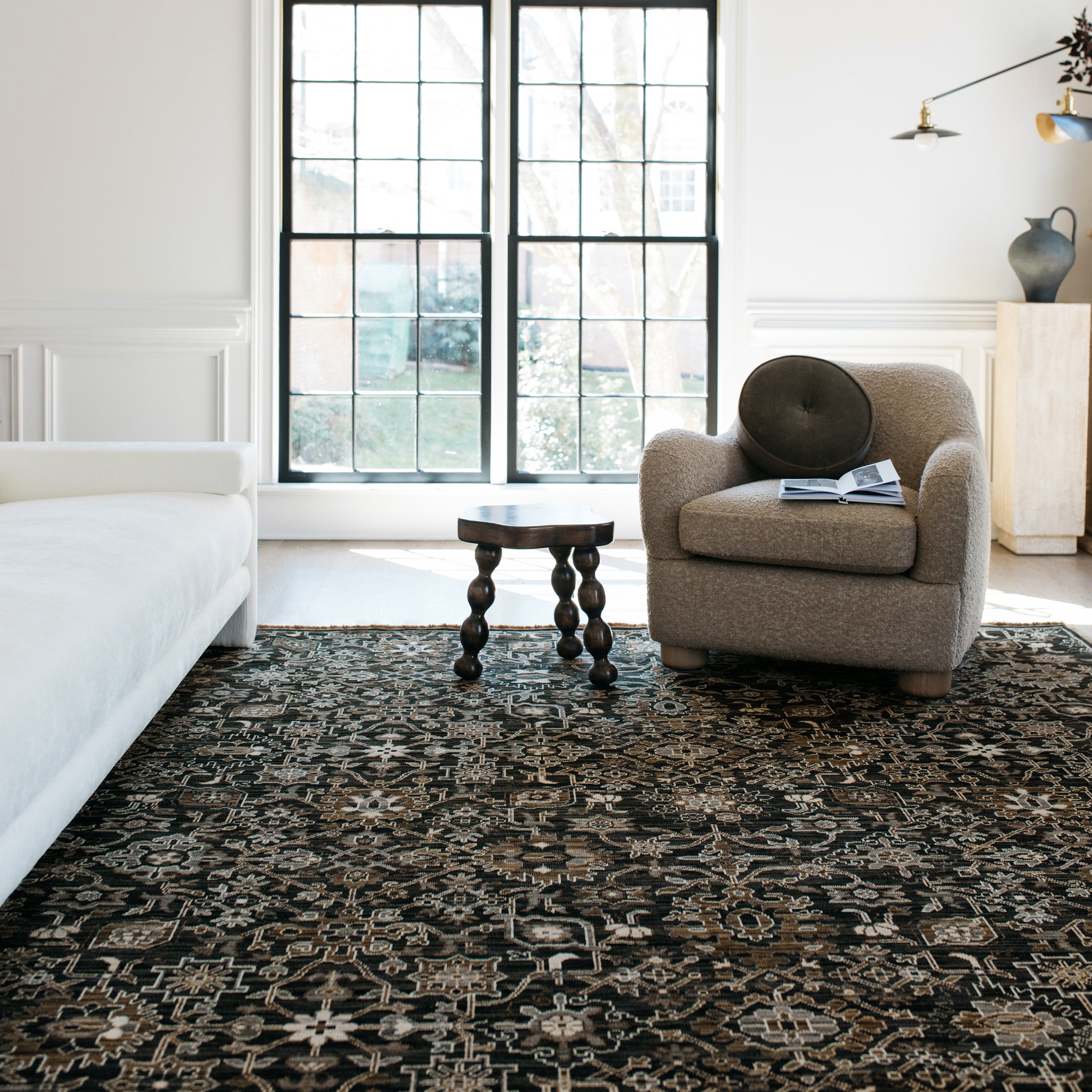 Acacia ACA05 Charcoal/Tan traditional area rug with deep charcoal, warm tan, multicolor accents, Axminster woven detail, and fringe.