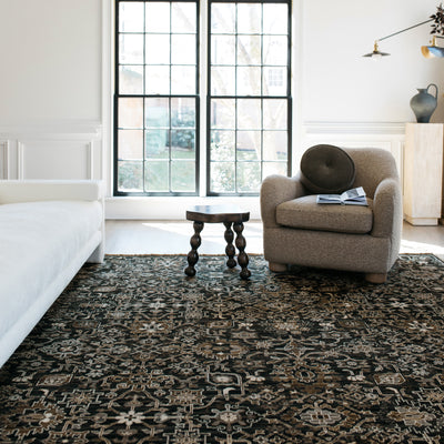 Acacia ACA05 Charcoal/Tan traditional area rug with deep charcoal, warm tan, multicolor accents, Axminster woven detail, and fringe.