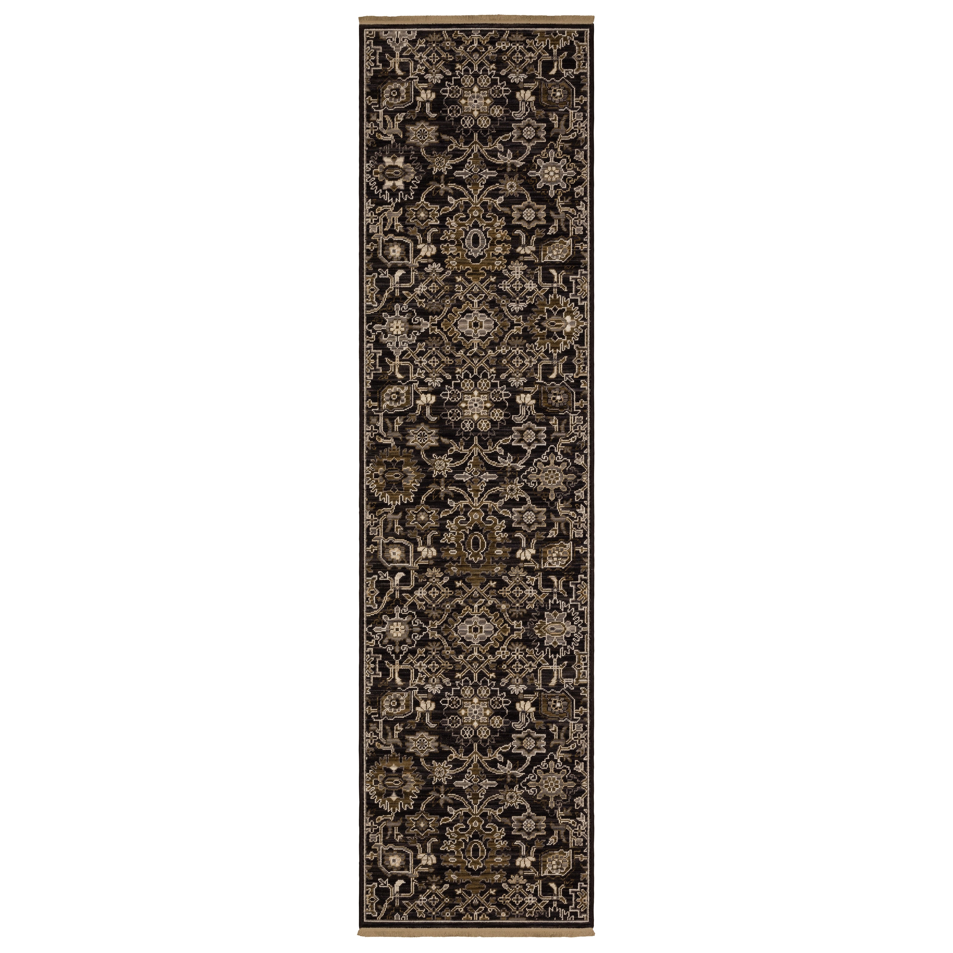 Acacia ACA05 Charcoal/Tan traditional area rug with deep charcoal, warm tan, multicolor accents, Axminster woven detail, and fringe.