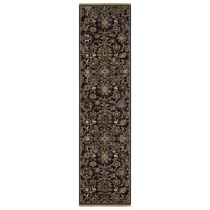 Acacia ACA05 Charcoal/Tan traditional area rug with deep charcoal, warm tan, multicolor accents, Axminster woven detail, and fringe.