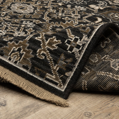 Acacia ACA05 Charcoal/Tan traditional area rug with deep charcoal, warm tan, multicolor accents, Axminster woven detail, and fringe.