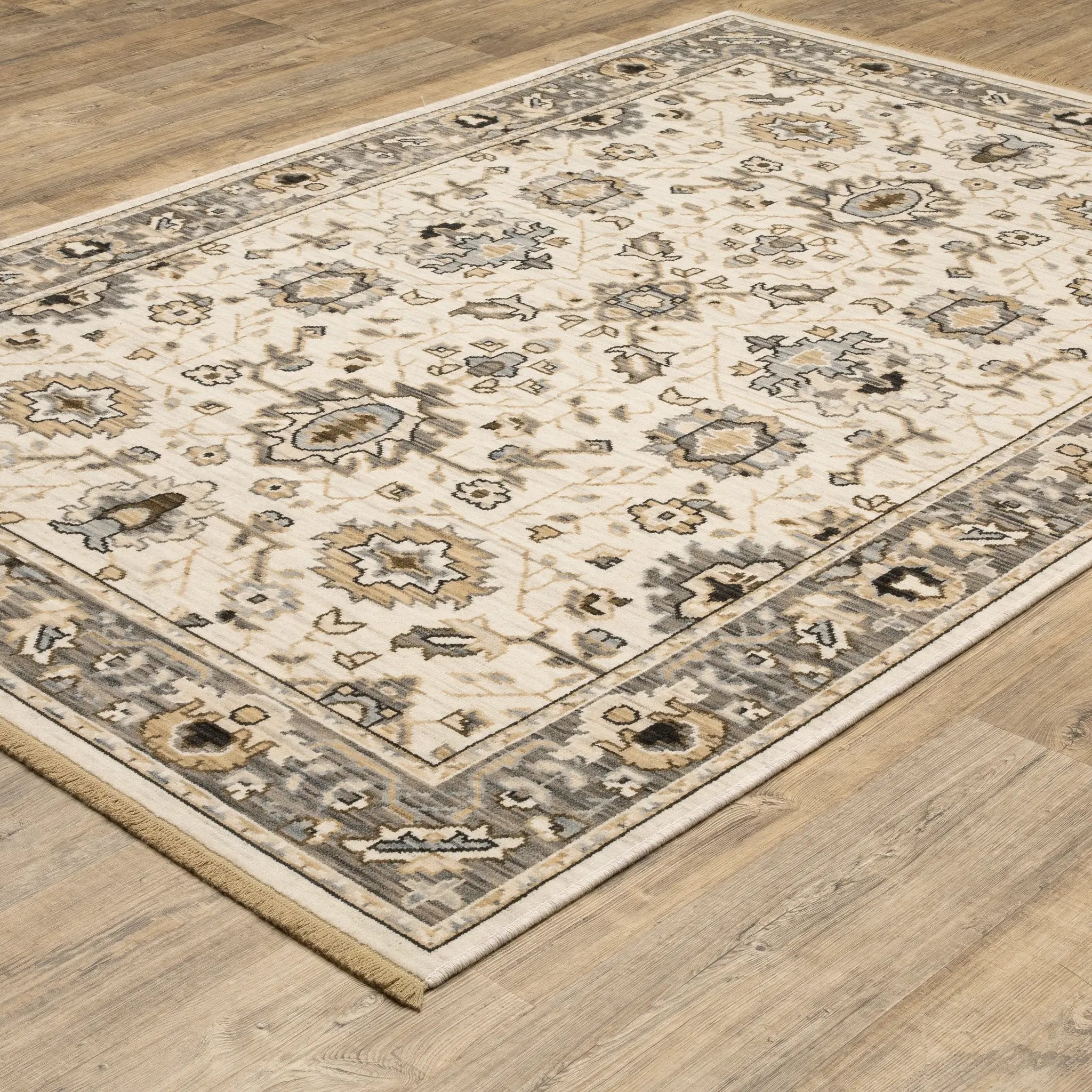 Acacia ACA06 Beige/Grey neutral area rug with traditional pattern, beige and grey tones, wool nylon texture, and cotton fringe.