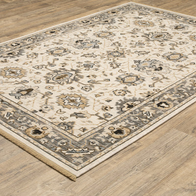 Acacia ACA06 Beige/Grey neutral area rug with traditional pattern, beige and grey tones, wool nylon texture, and cotton fringe.