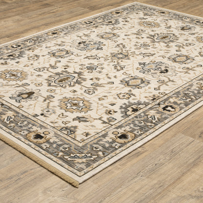 Acacia ACA06 Beige/Grey neutral area rug with traditional pattern, beige and grey tones, wool nylon texture, and cotton fringe.