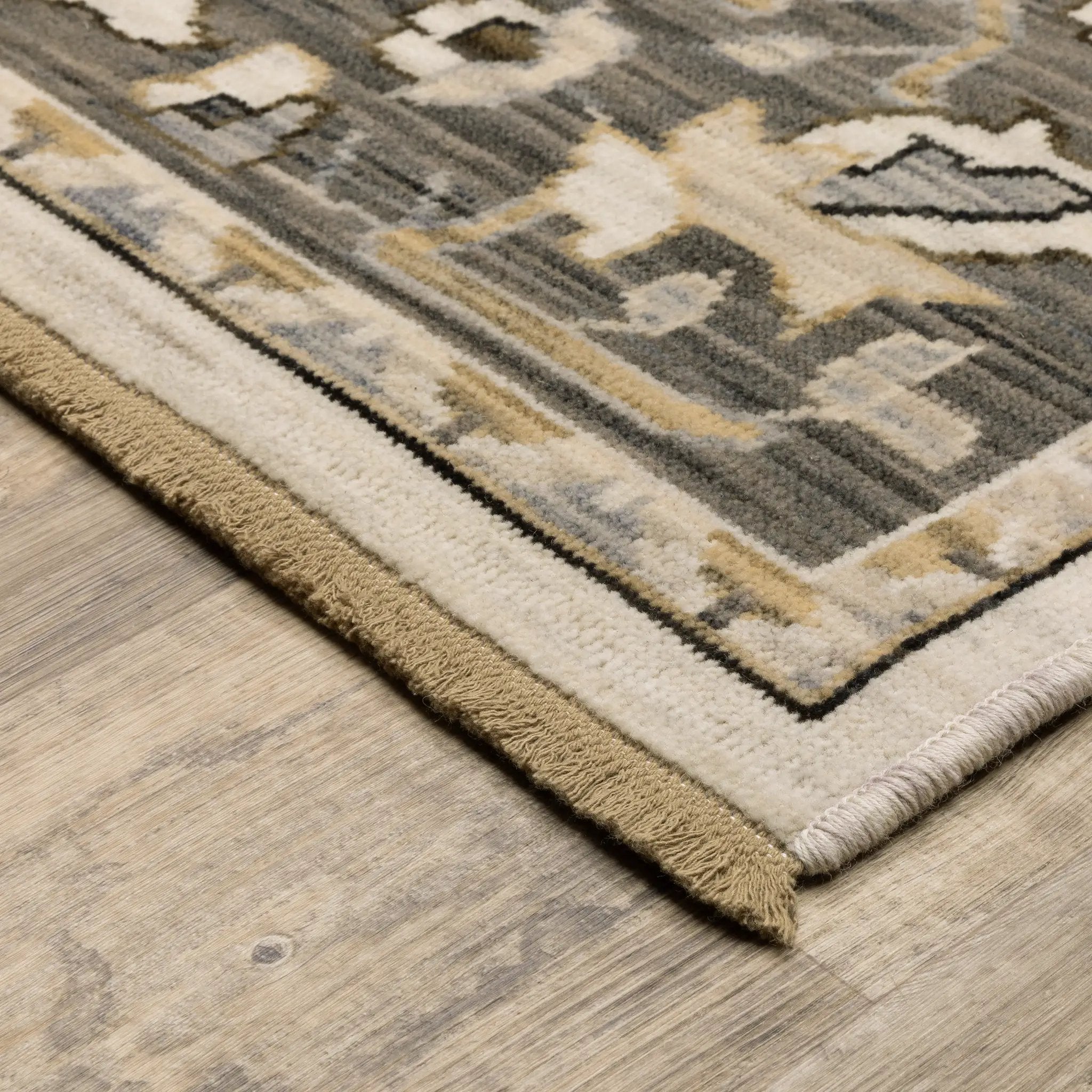 Acacia ACA06 Beige/Grey neutral area rug with traditional pattern, beige and grey tones, wool nylon texture, and cotton fringe.