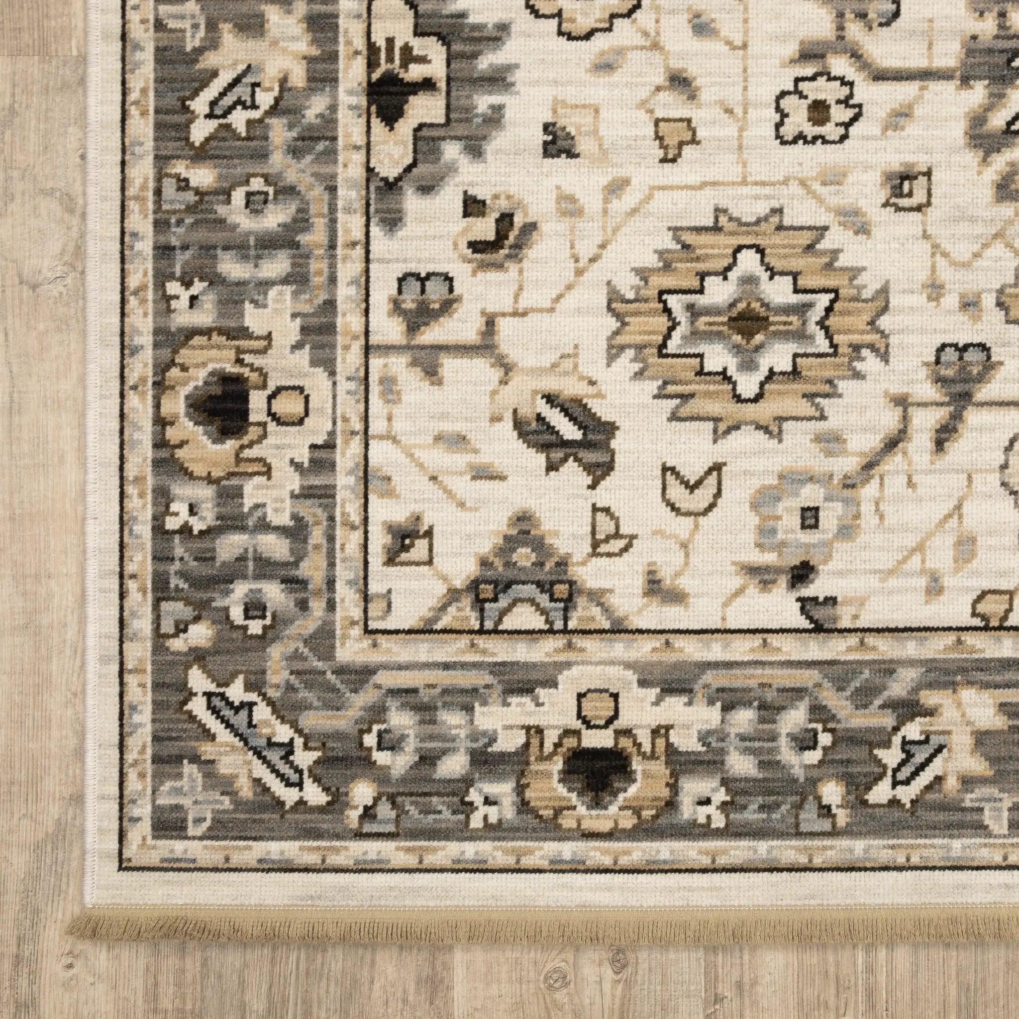Acacia ACA06 Beige/Grey neutral area rug with traditional pattern, beige and grey tones, wool nylon texture, and cotton fringe.