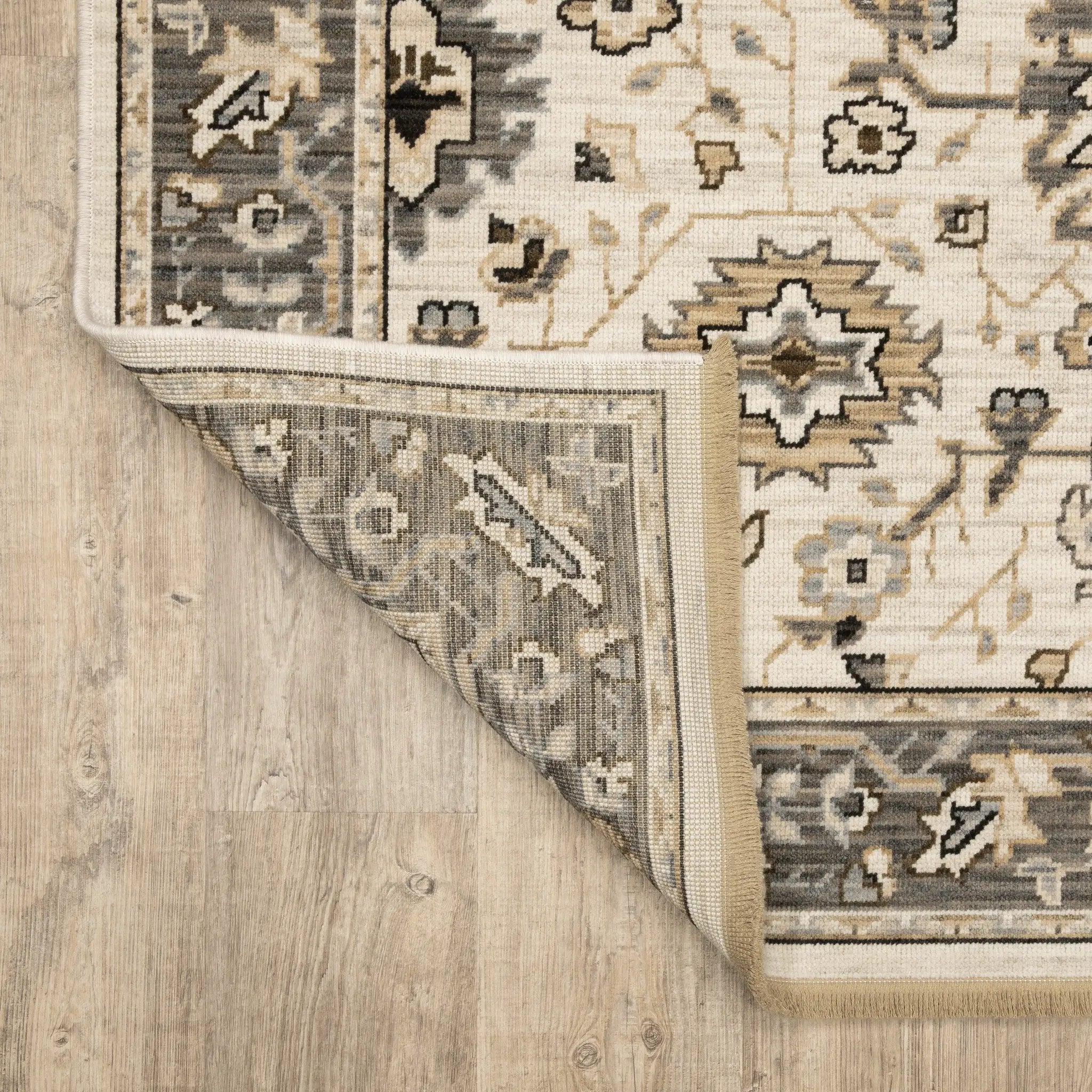 Acacia ACA06 Beige/Grey neutral area rug with traditional pattern, beige and grey tones, wool nylon texture, and cotton fringe.