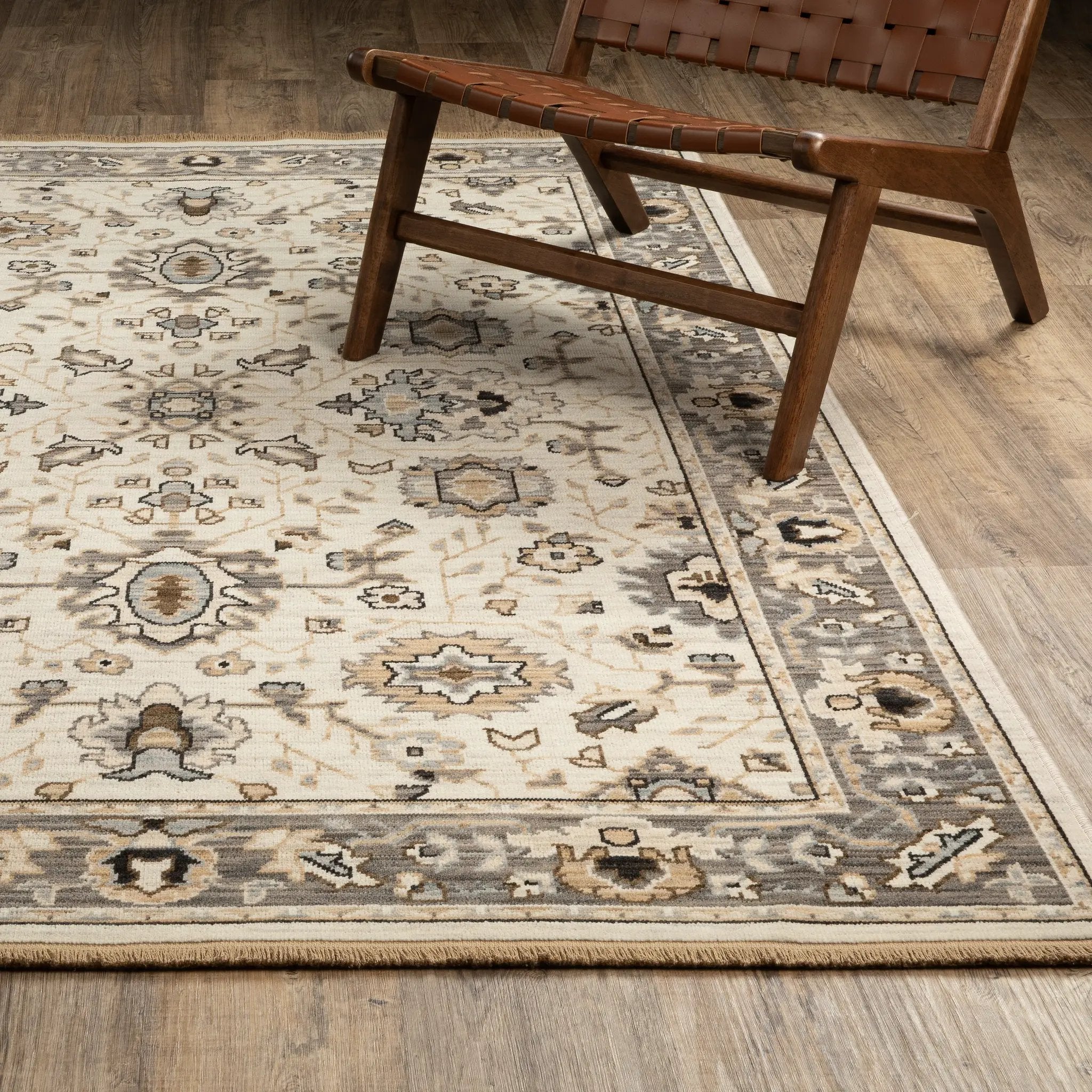 Acacia ACA06 Beige/Grey neutral area rug with traditional pattern, beige and grey tones, wool nylon texture, and cotton fringe.