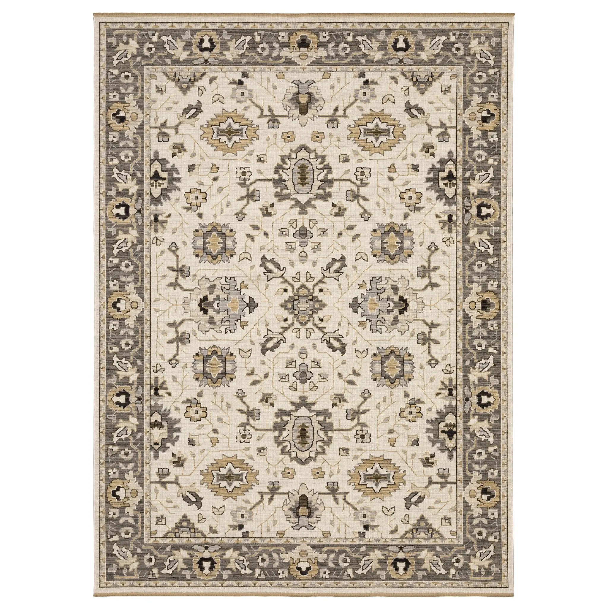 Acacia ACA06 Beige/Grey neutral area rug with traditional pattern, beige and grey tones, wool nylon texture, and cotton fringe.