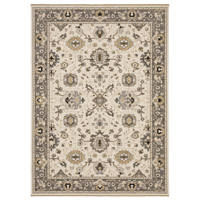 Acacia ACA06 Beige/Grey neutral area rug with traditional pattern, beige and grey tones, wool nylon texture, and cotton fringe.